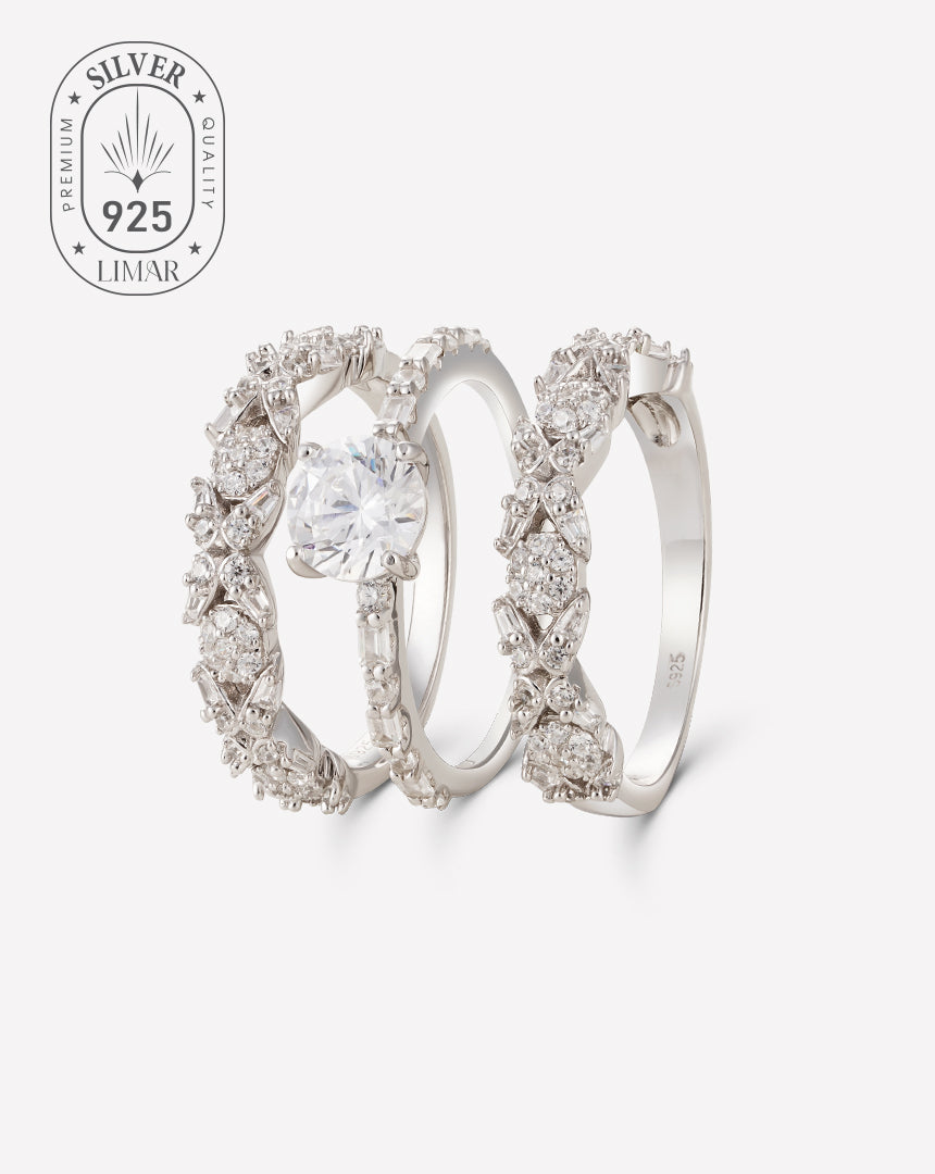 Three matching 925 sterling silver rings displayed together as an elegant twins ring set.