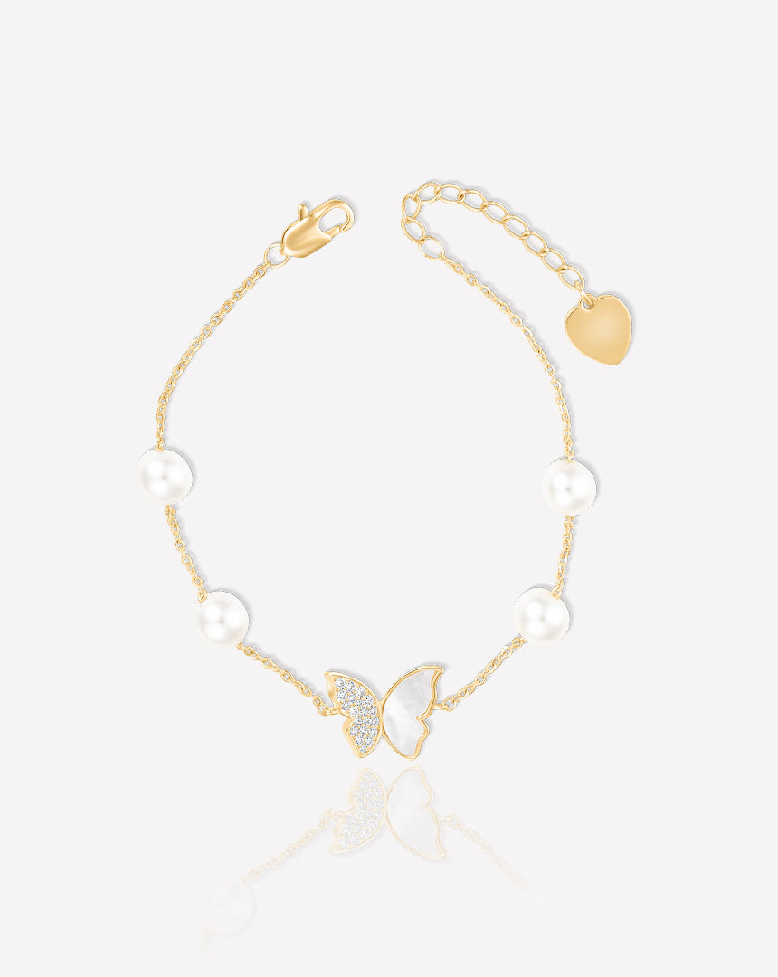 Danah Butterfly bracelet in 18K yellow gold plating with mother of pearl and freshwater pearl, elegant and contemporary design