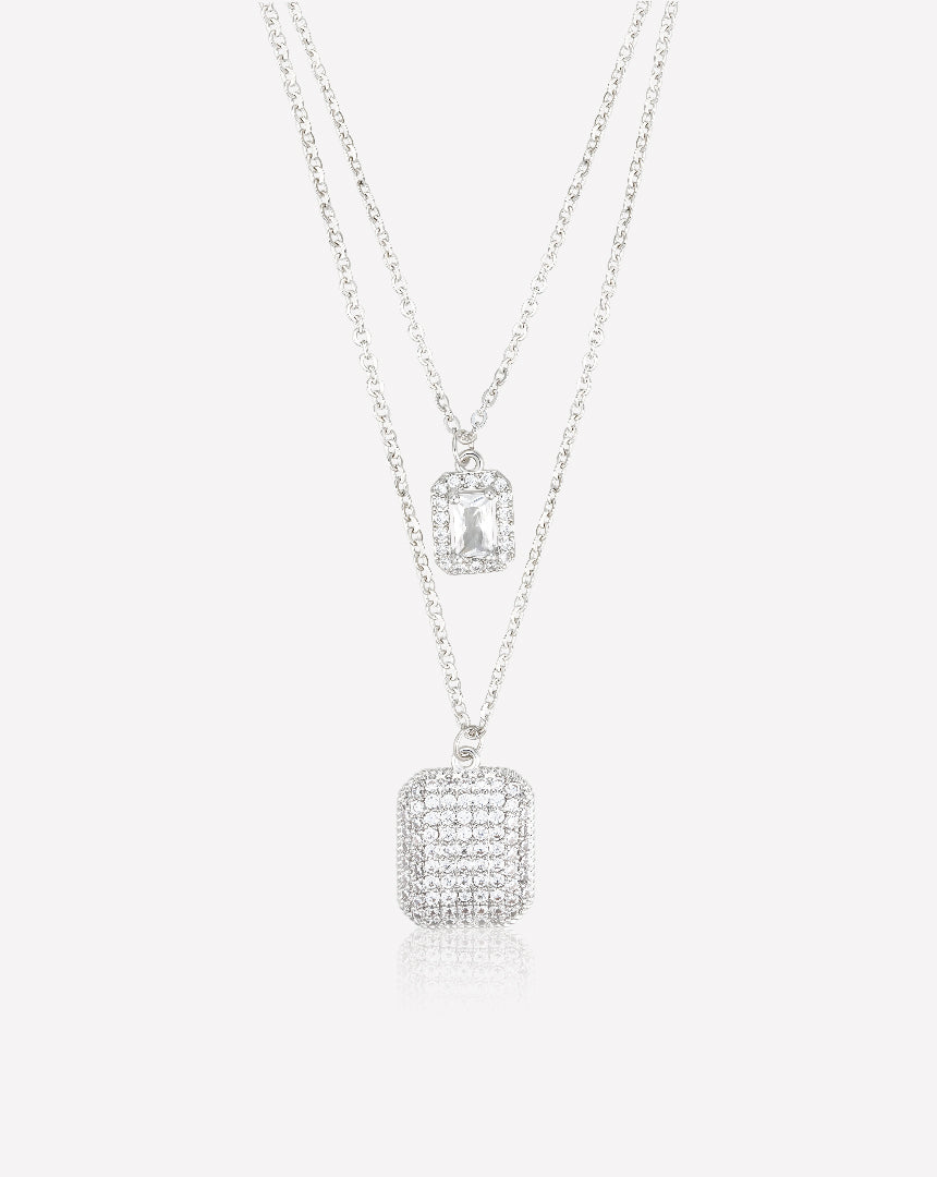 Vera Square two-layered white gold-plated necklace with emerald and square shapes and zircon stones الصورة الرئيسية