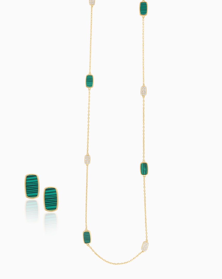 Yellow gold-plated long necklace with matching earrings featuring malachite color